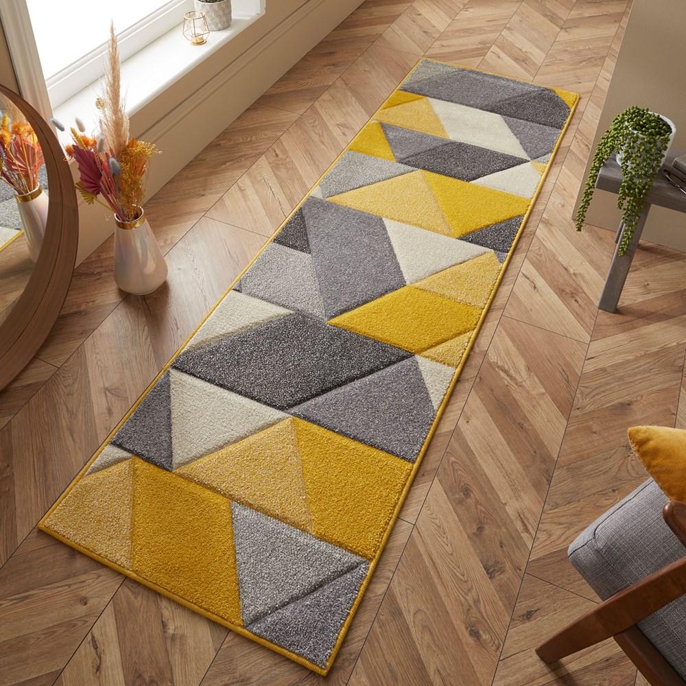 Portland 670 J Geometric Runner Rugs in Yellow Grey Cream